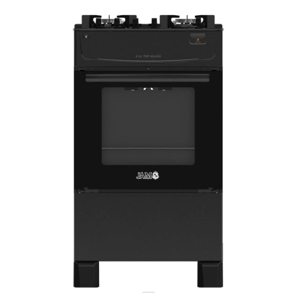 COCINA JAM EVA TOP GLASS A GAS ENC. ELECTRICO 4HB NEGRO C/LUZ EN EL HORNO